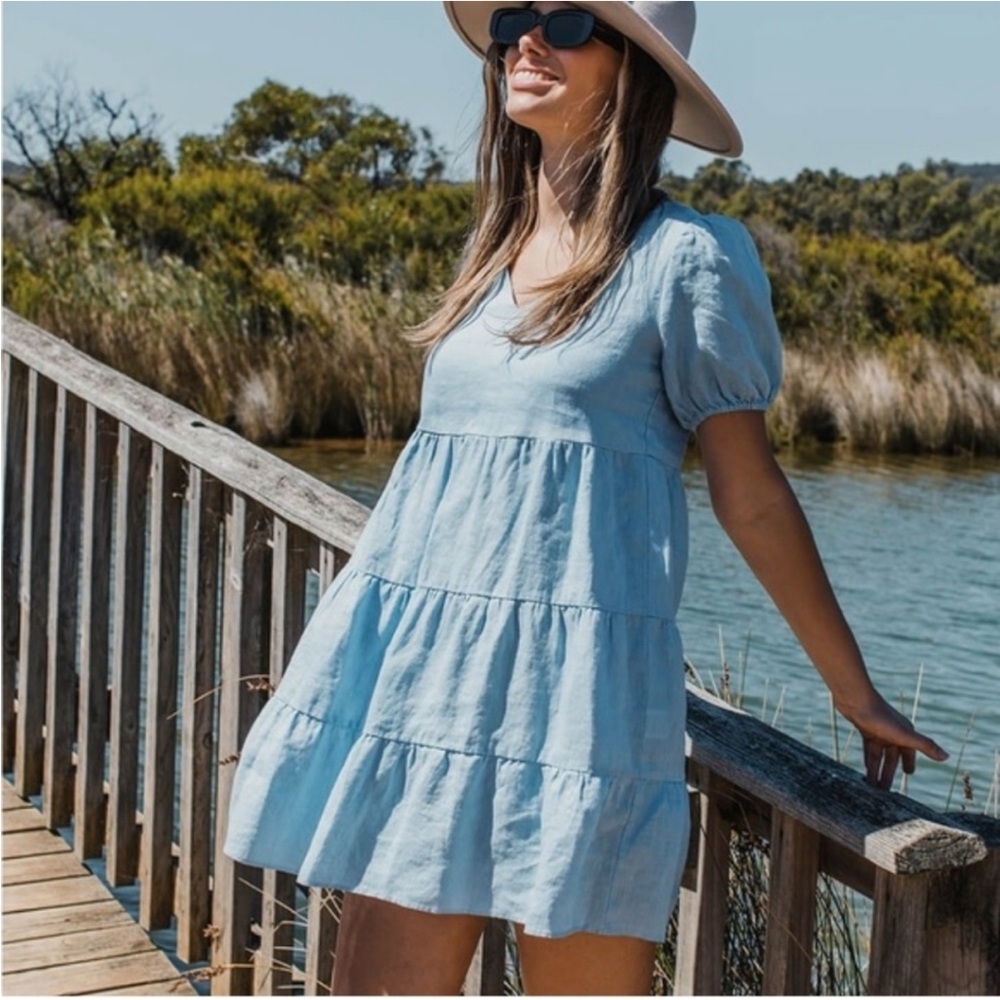 ZARA Chambray Linen Blend Tiered Mini Dress
